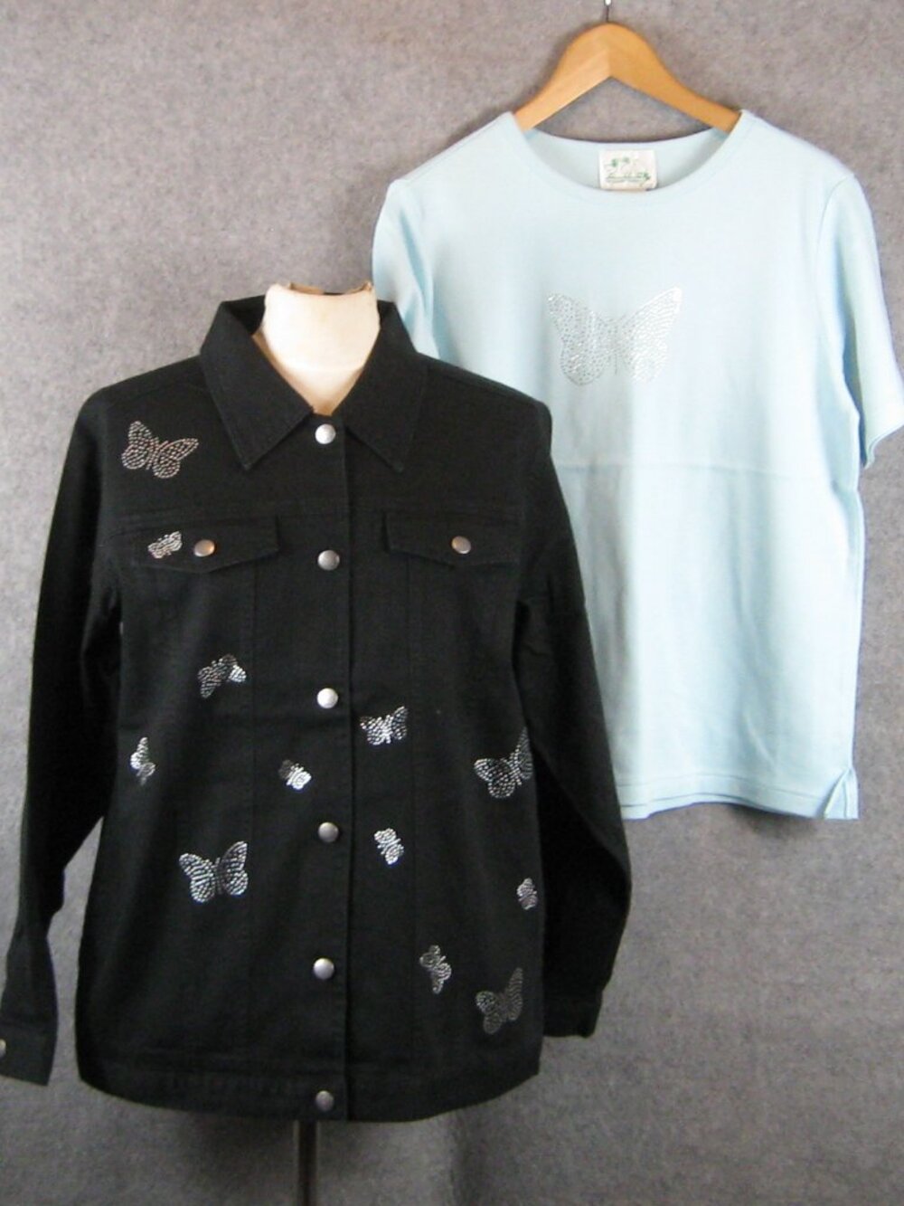 Quacker Factory Rhinestone Butterfly Jeanne Jacket & T-Shirt Set M Black